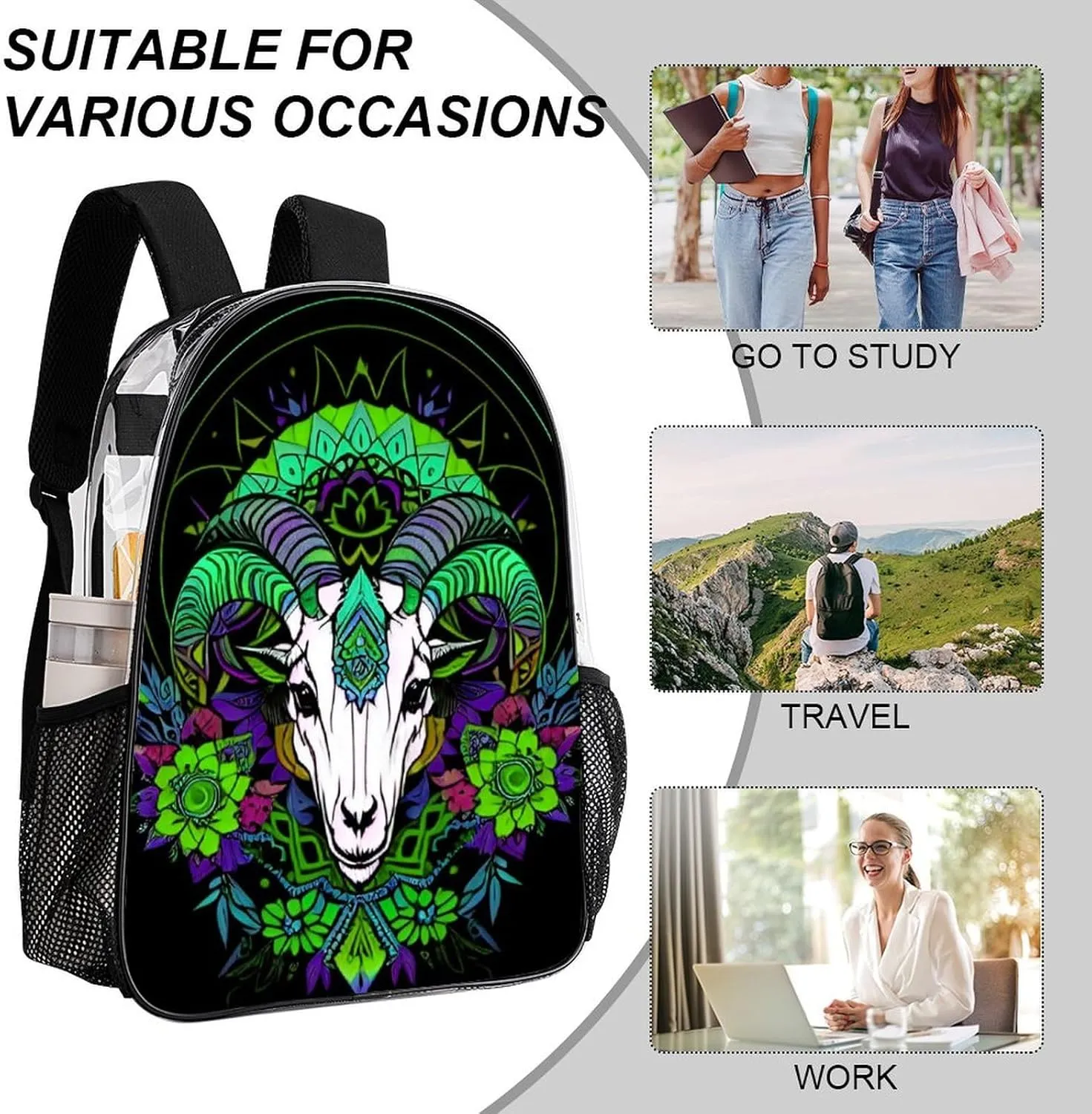 Transparent Daypack Backpack for Climbing Outdoors Running - Big Capacity Multipurpose Anti-Theft Bookbag, Psychedelic Goat Skull Art Travel Hiking & Camping Rucksack