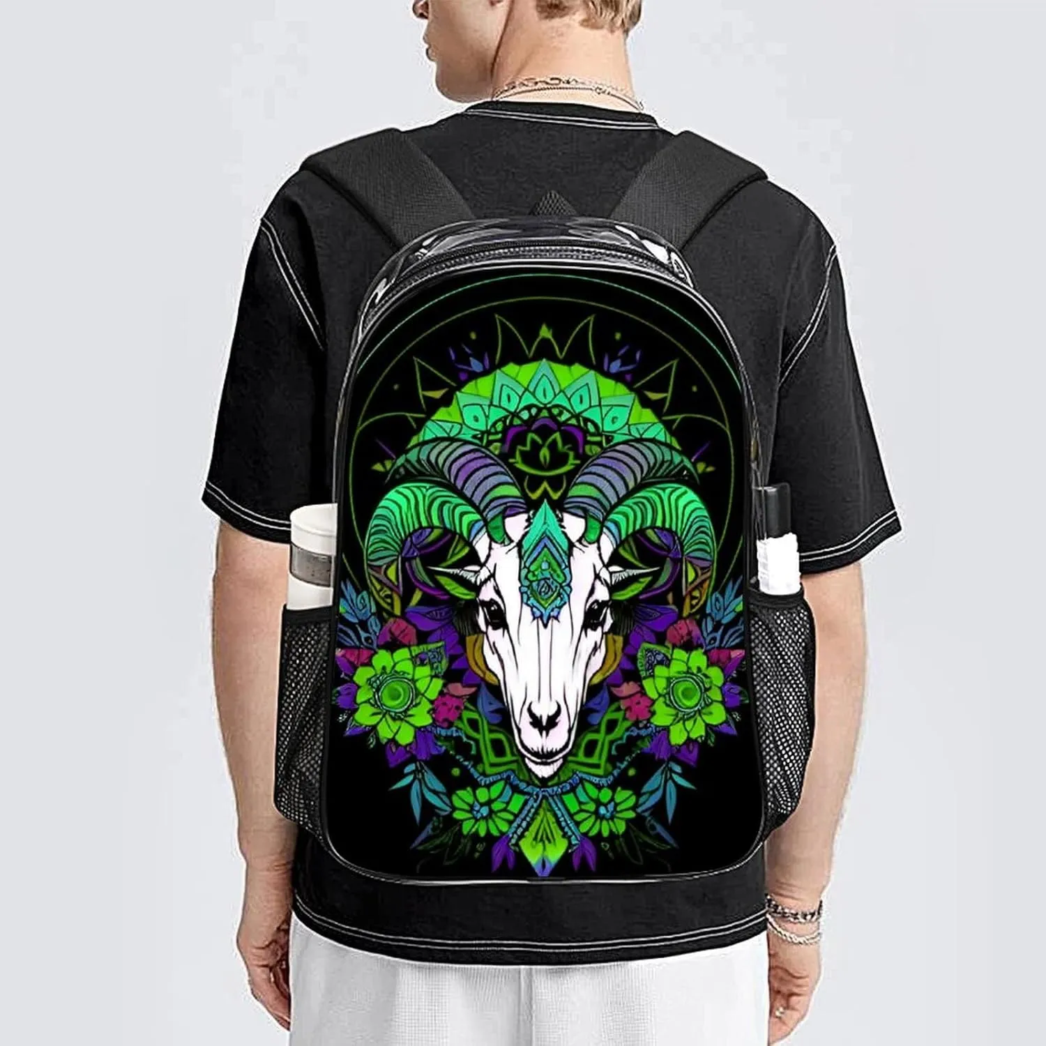 Transparent Daypack Backpack for Climbing Outdoors Running - Big Capacity Multipurpose Anti-Theft Bookbag, Psychedelic Goat Skull Art Travel Hiking & Camping Rucksack