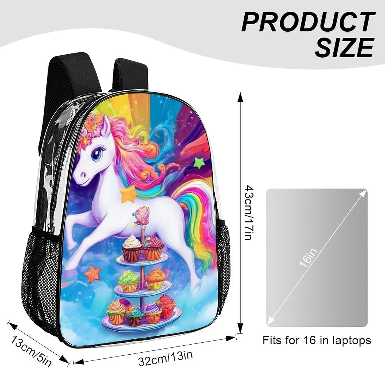 Transparent Daypack Backpack for Sports Travel Running - Big Capacity Anti-Theft Multipurpose Carry On Bag, Cute Cartoon Unicorns Rainbow Art Laptop Book Bag Rucksack