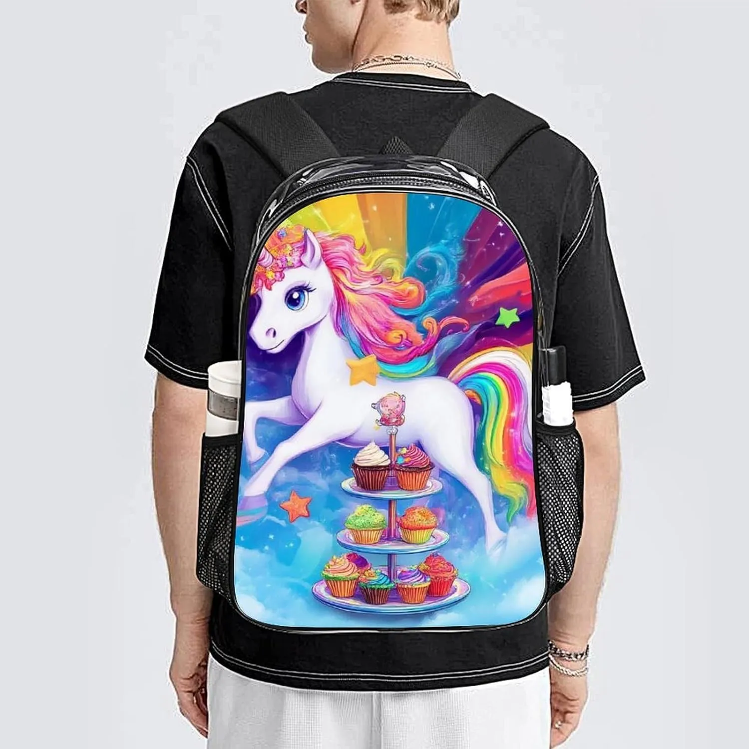 Transparent Daypack Backpack for Sports Travel Running - Big Capacity Anti-Theft Multipurpose Carry On Bag, Cute Cartoon Unicorns Rainbow Art Laptop Book Bag Rucksack