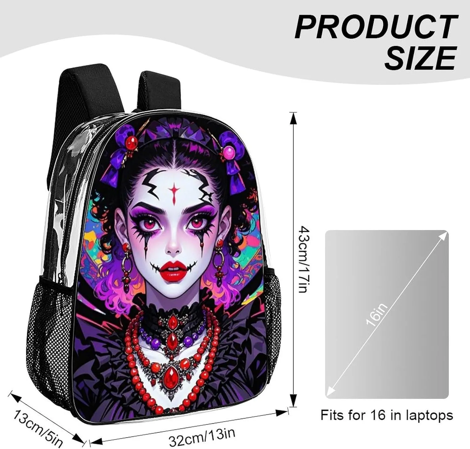 Transparent Daypack Backpack for Sports Travel Running - Big Capacity Anti-Theft Multipurpose Carry On Bag, Trippy Stylish Afro American Woman Cartoon Women Art Laptop Book Bag Rucksack