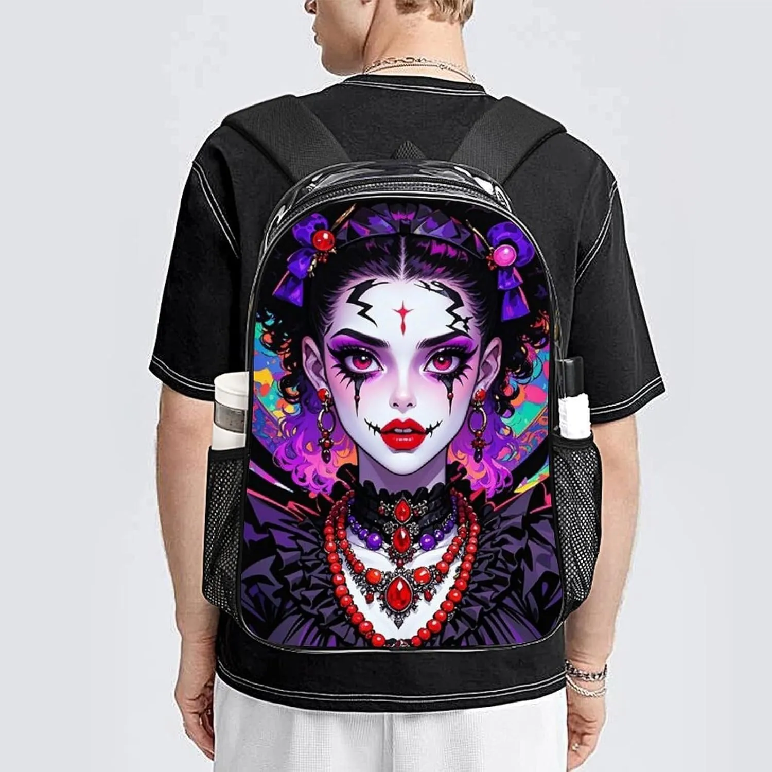 Transparent Daypack Backpack for Sports Travel Running - Big Capacity Anti-Theft Multipurpose Carry On Bag, Trippy Stylish Afro American Woman Cartoon Women Art Laptop Book Bag Rucksack