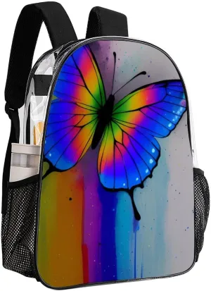 Transparent Daypack Backpack for Trekking Picnic Walking Cycling - Large Capacity Anti-Theft Multipurpose Shoulder Bag, Rainbow Butterfly Art Casual Daypack
