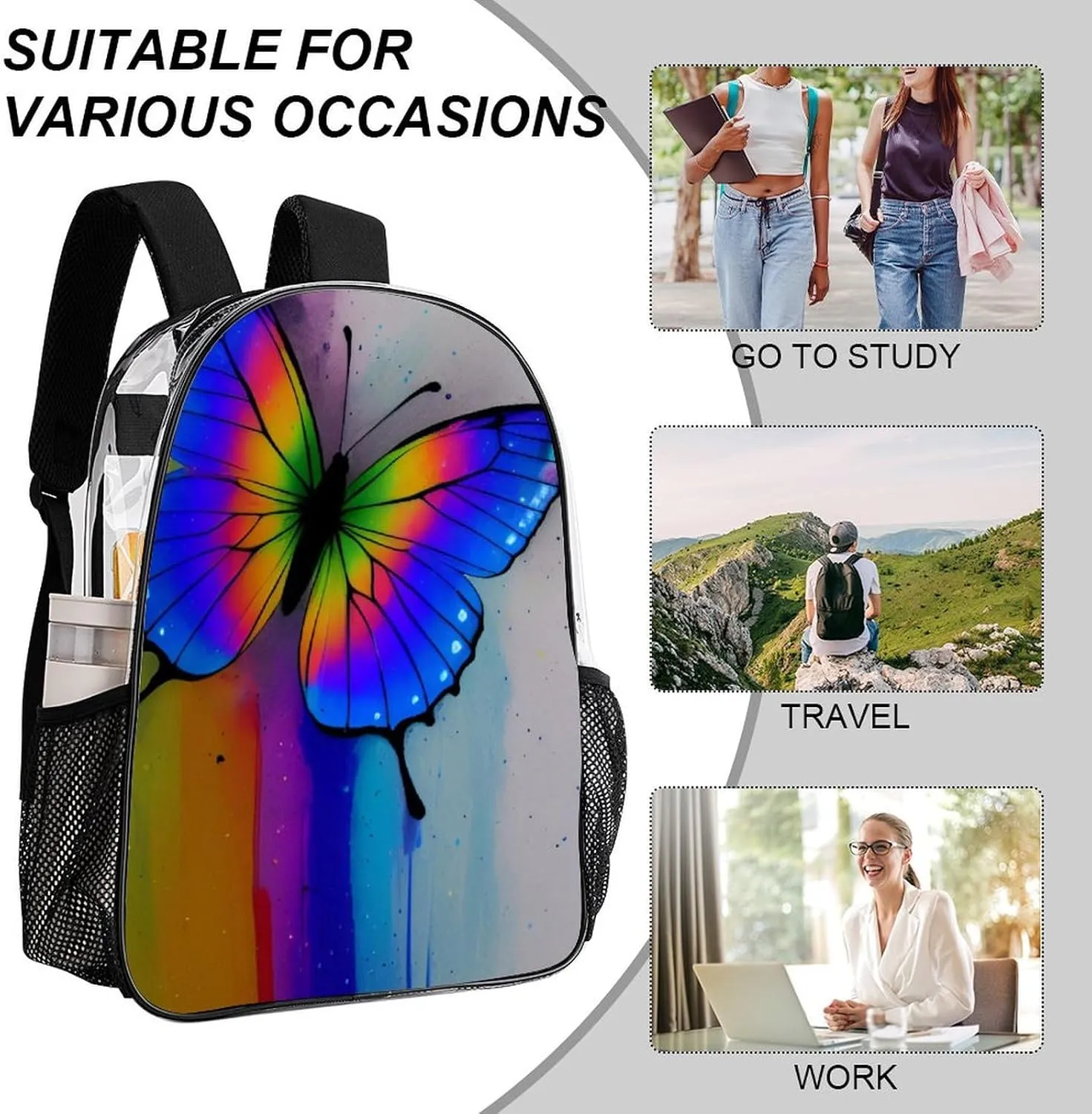 Transparent Daypack Backpack for Trekking Picnic Walking Cycling - Large Capacity Anti-Theft Multipurpose Shoulder Bag, Rainbow Butterfly Art Casual Daypack