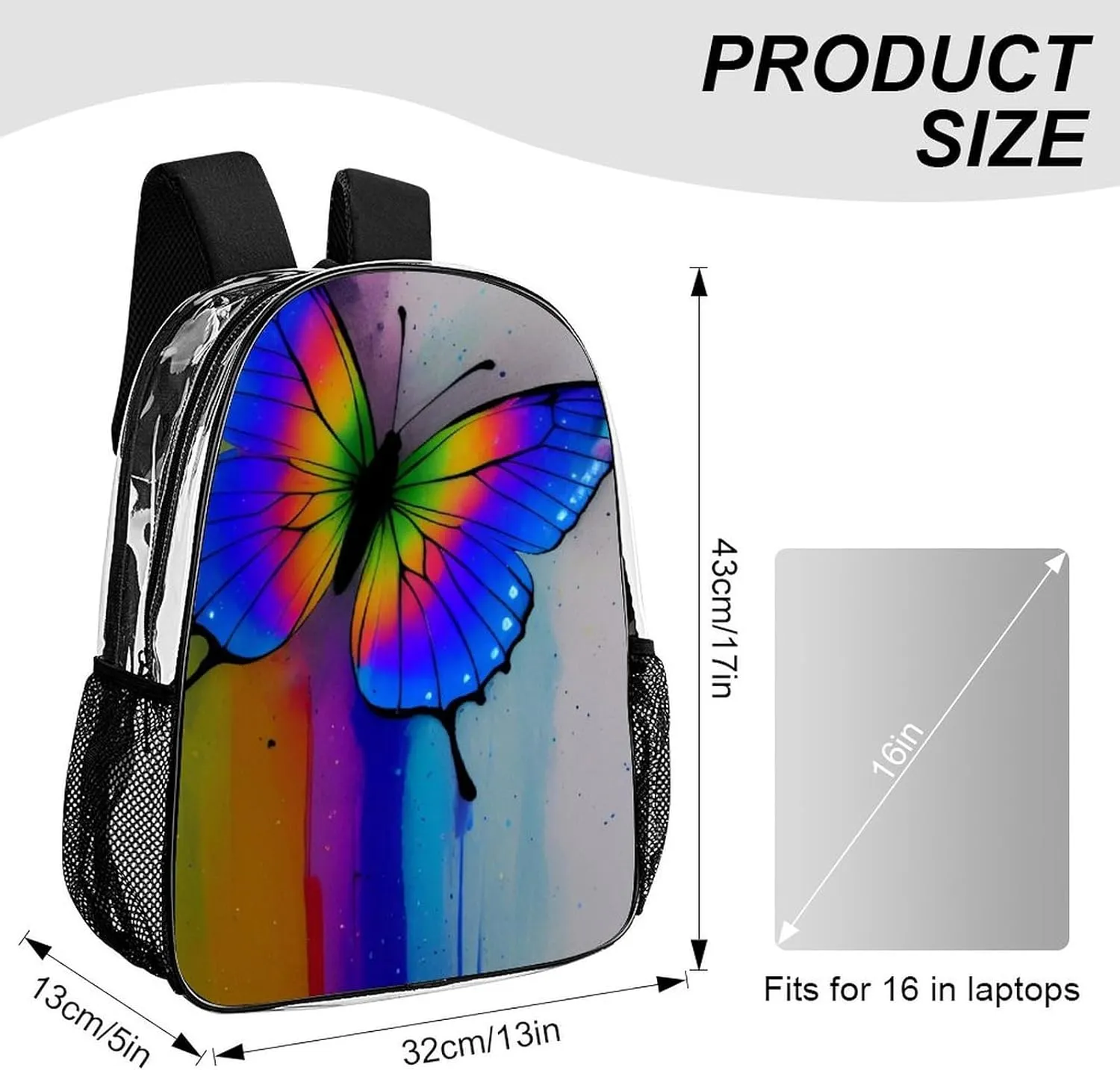 Transparent Daypack Backpack for Trekking Picnic Walking Cycling - Large Capacity Anti-Theft Multipurpose Shoulder Bag, Rainbow Butterfly Art Casual Daypack