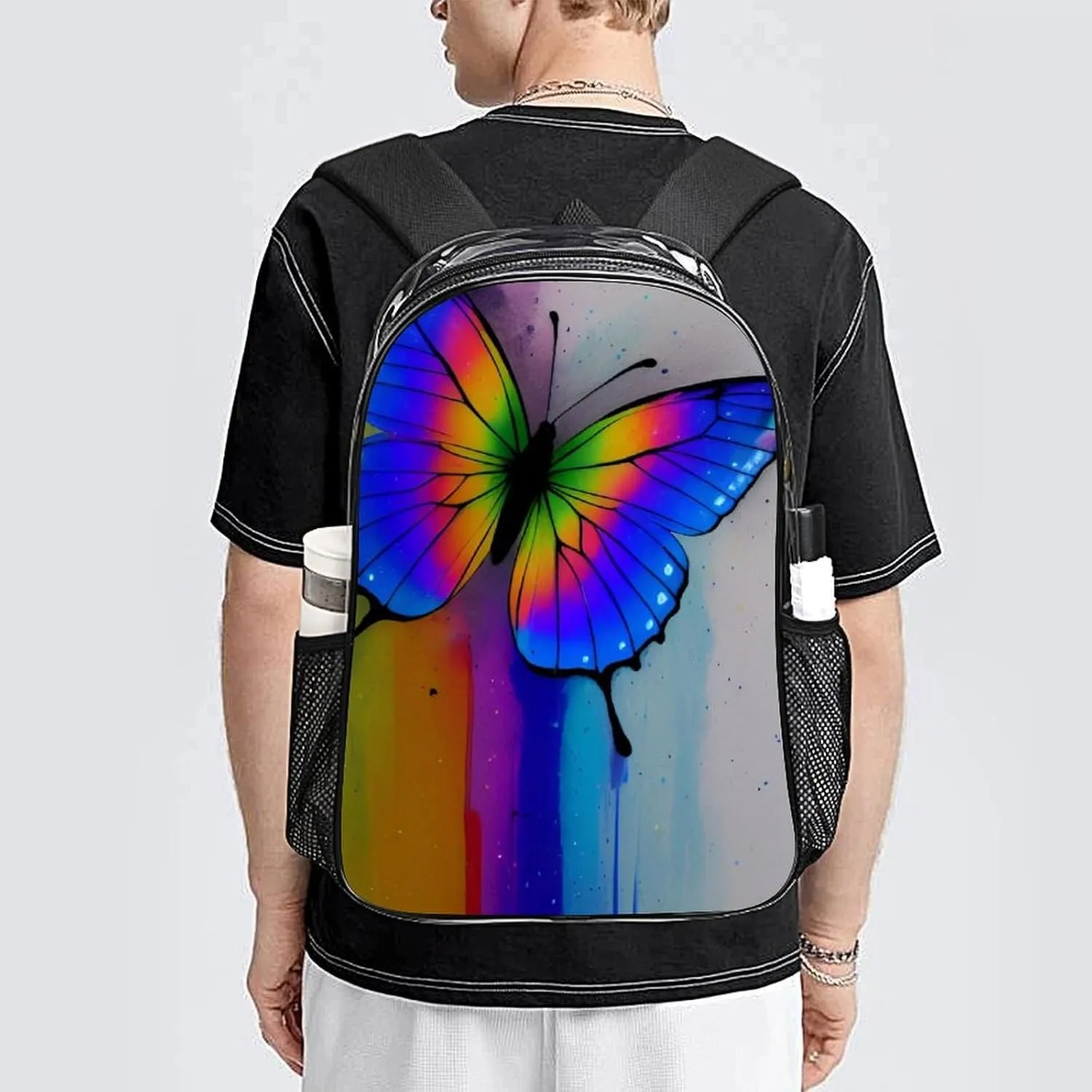 Transparent Daypack Backpack for Trekking Picnic Walking Cycling - Large Capacity Anti-Theft Multipurpose Shoulder Bag, Rainbow Butterfly Art Casual Daypack