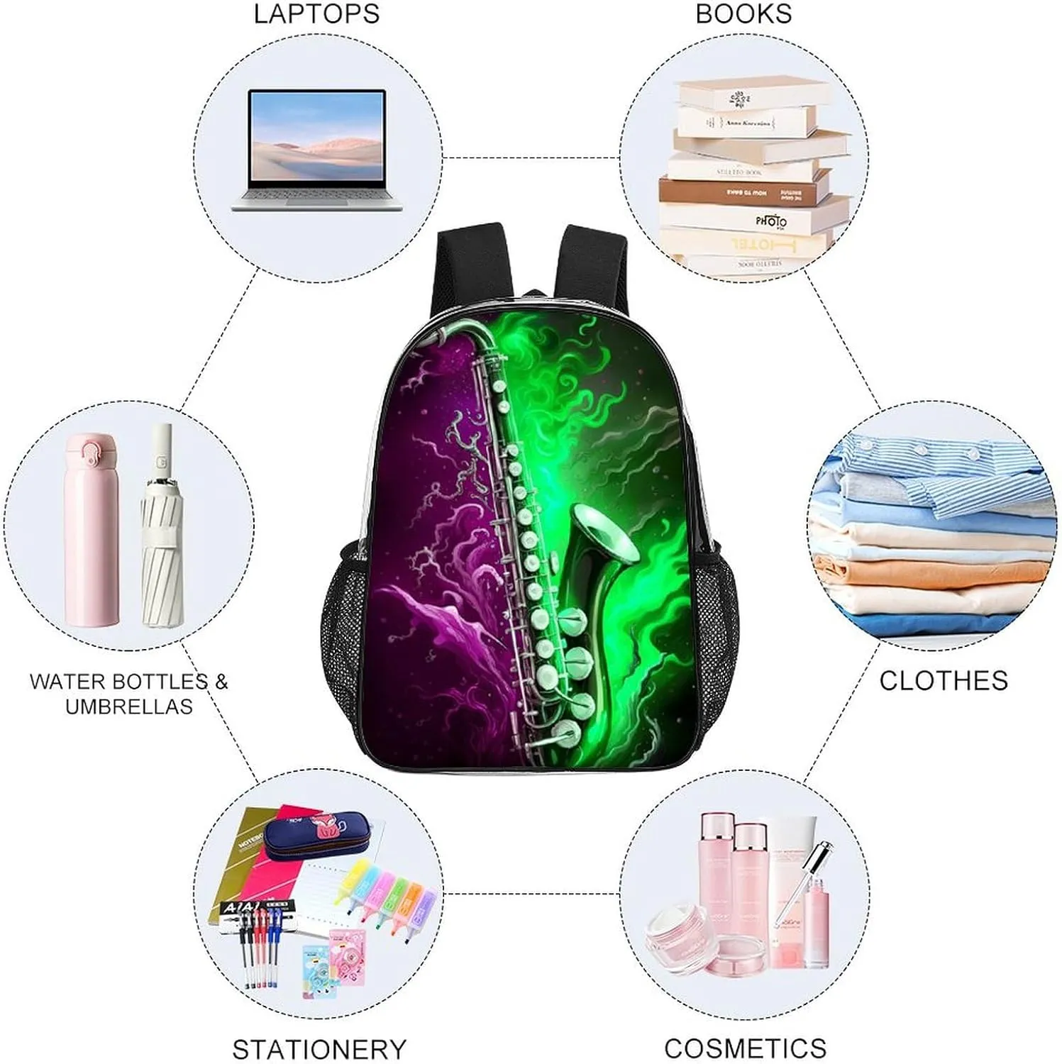 Transparent Daypack Backpack for Trekking Picnic Walking Cycling - Large Capacity Anti-Theft Multipurpose Shoulder Bag, Saxophone In Fire And Water Art Casual Daypack