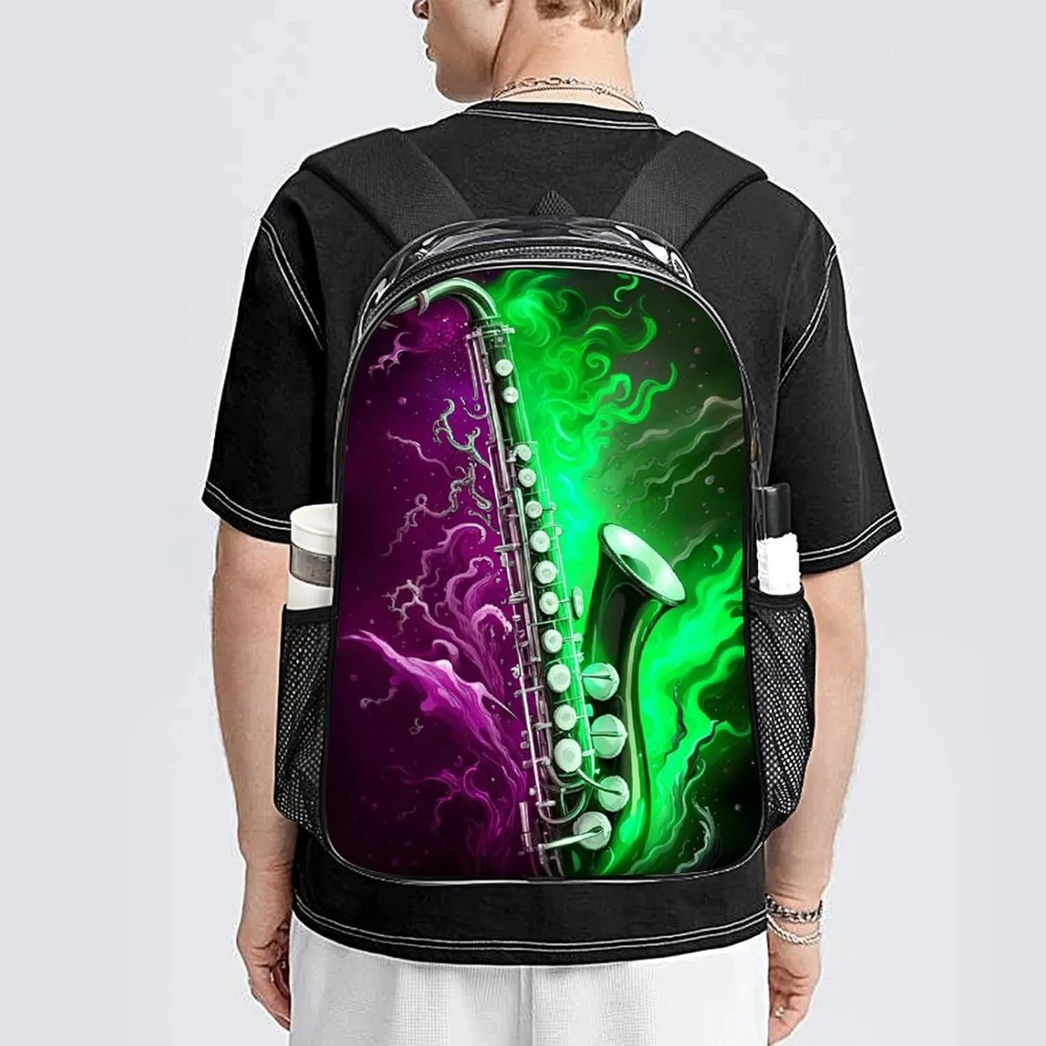 Transparent Daypack Backpack for Trekking Picnic Walking Cycling - Large Capacity Anti-Theft Multipurpose Shoulder Bag, Saxophone In Fire And Water Art Casual Daypack