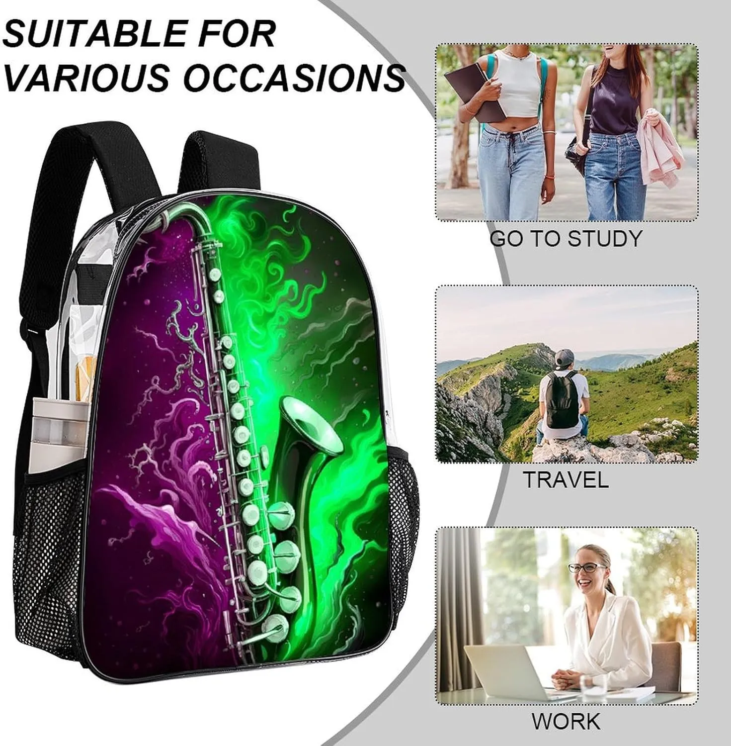 Transparent Daypack Backpack for Trekking Picnic Walking Cycling - Large Capacity Anti-Theft Multipurpose Shoulder Bag, Saxophone In Fire And Water Art Casual Daypack