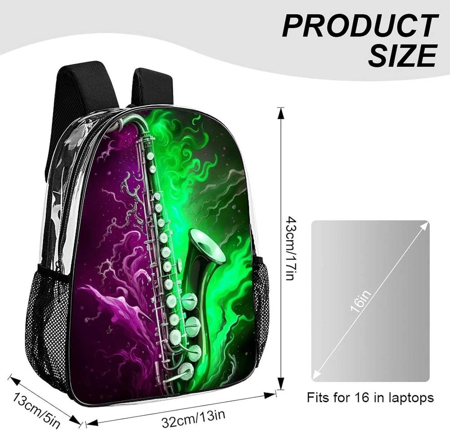 Transparent Daypack Backpack for Trekking Picnic Walking Cycling - Large Capacity Anti-Theft Multipurpose Shoulder Bag, Saxophone In Fire And Water Art Casual Daypack