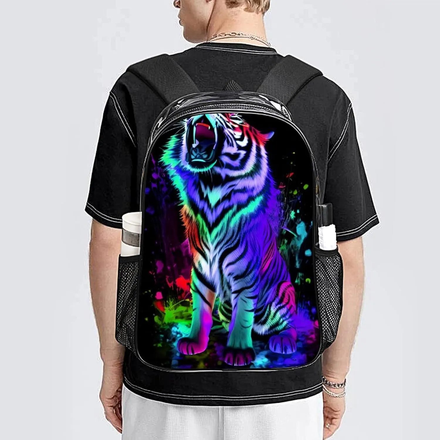 Transparent Daypack Bookbag for Gym Business Bicycle - Large Capacity Multipurpose Anti-Theft Carry On Bag, Multicolor Wild Tiger Roaring 3D Art Travel Hiking Daypack