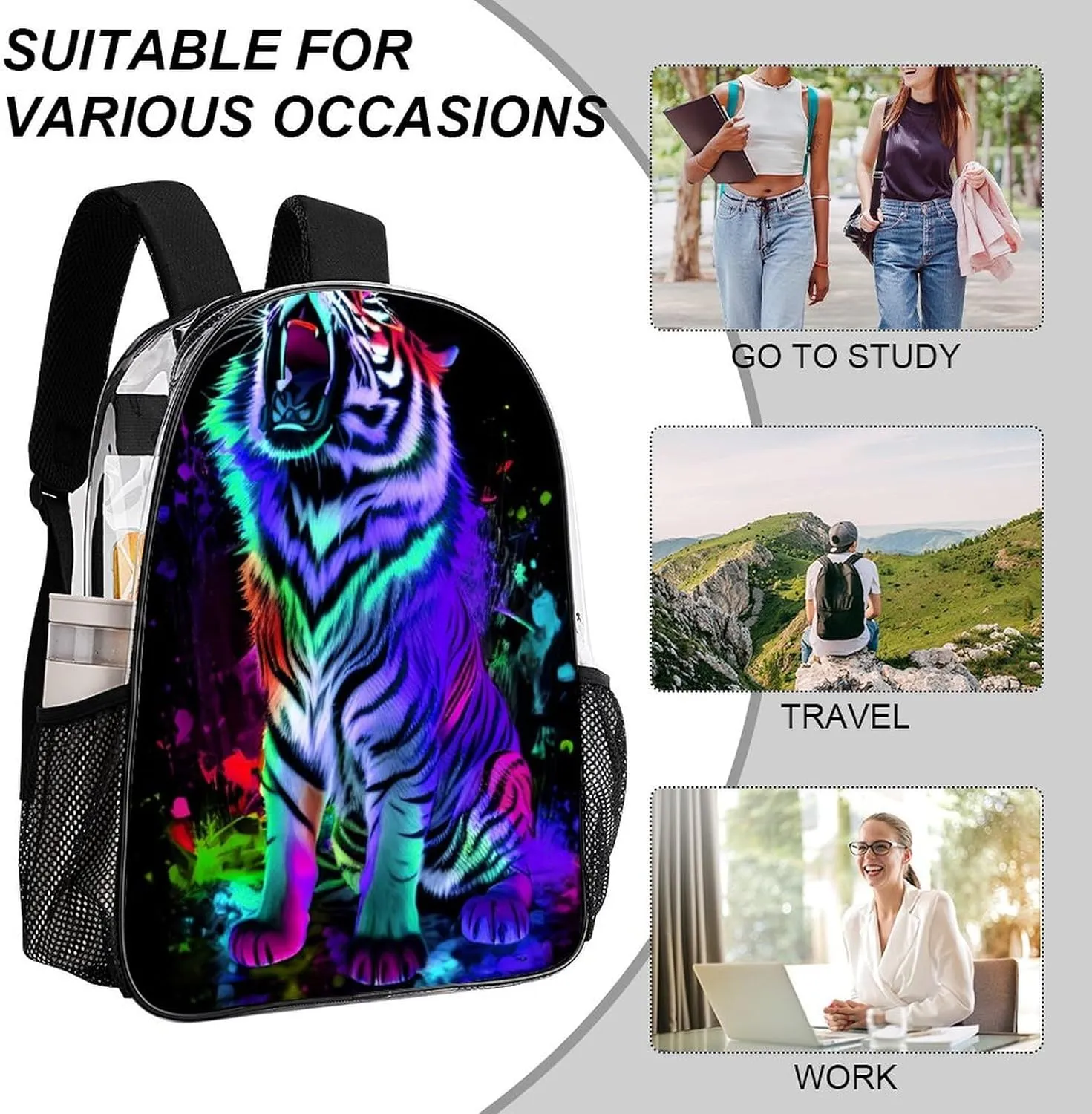 Transparent Daypack Bookbag for Gym Business Bicycle - Large Capacity Multipurpose Anti-Theft Carry On Bag, Multicolor Wild Tiger Roaring 3D Art Travel Hiking Daypack