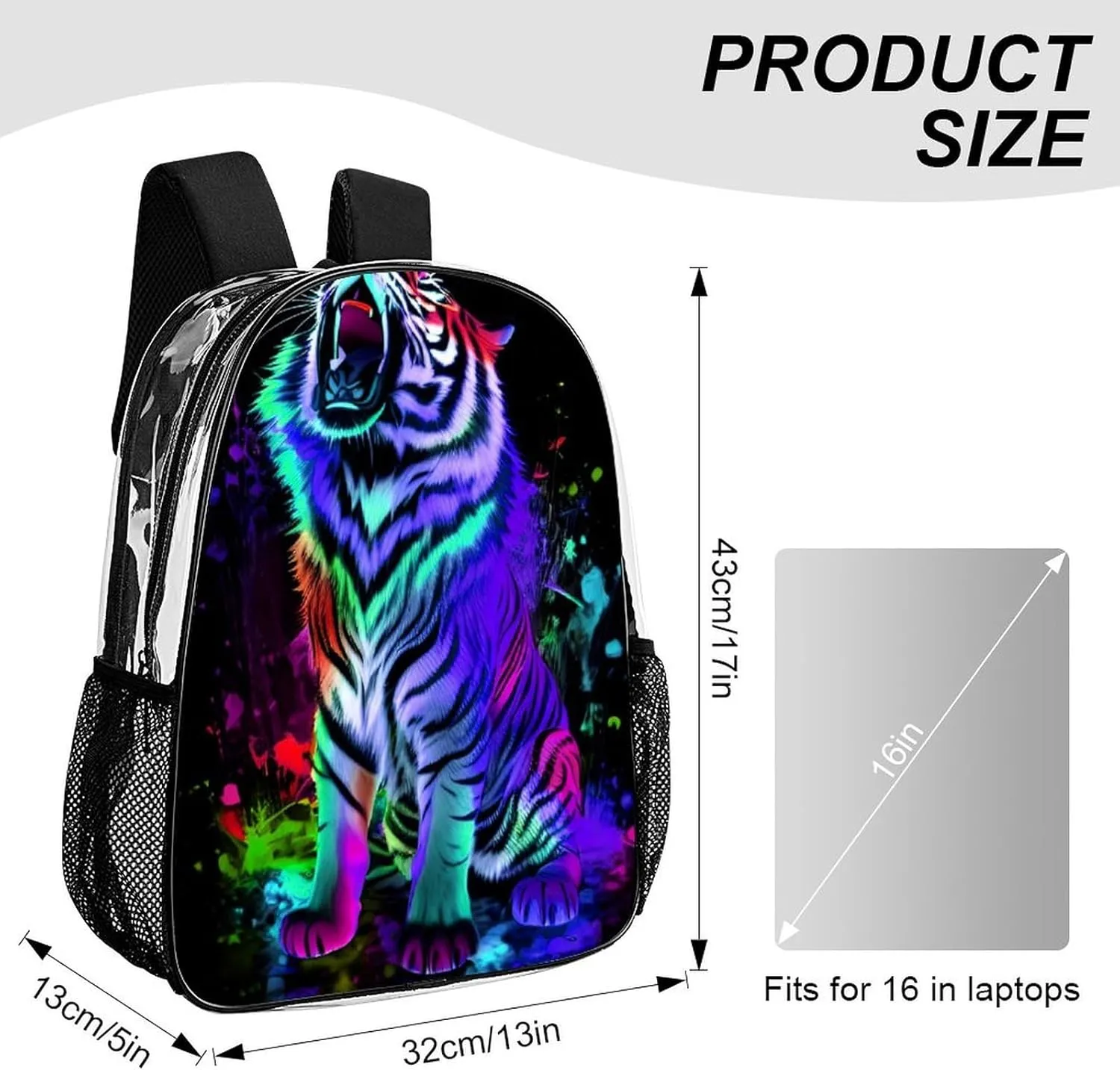 Transparent Daypack Bookbag for Gym Business Bicycle - Large Capacity Multipurpose Anti-Theft Carry On Bag, Multicolor Wild Tiger Roaring 3D Art Travel Hiking Daypack