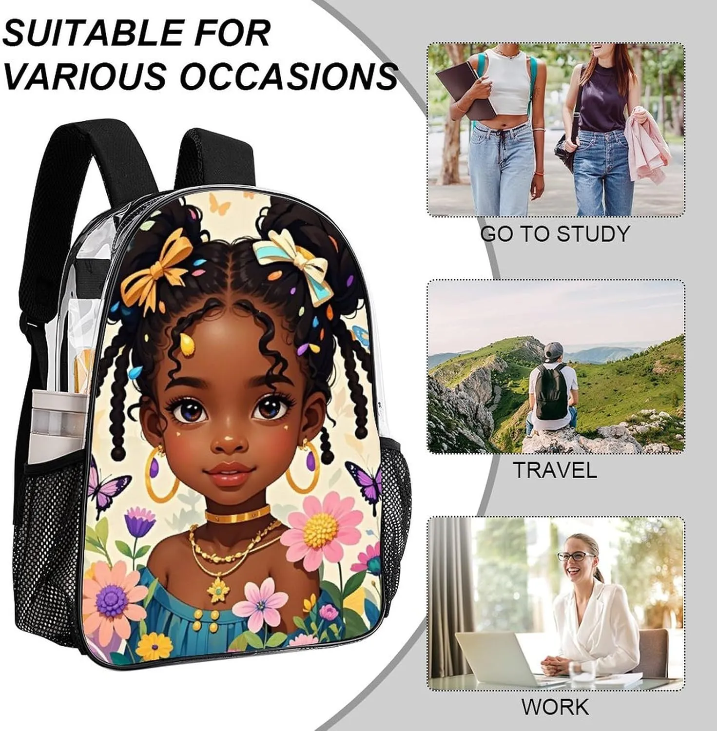 Transparent Daypack for Camping Travel Walking Cycling - Big Capacity Anti-Theft Multipurpose Bookbag, Cute Afro American Black Women With Butterflies Art Camping Outdoor Backpack