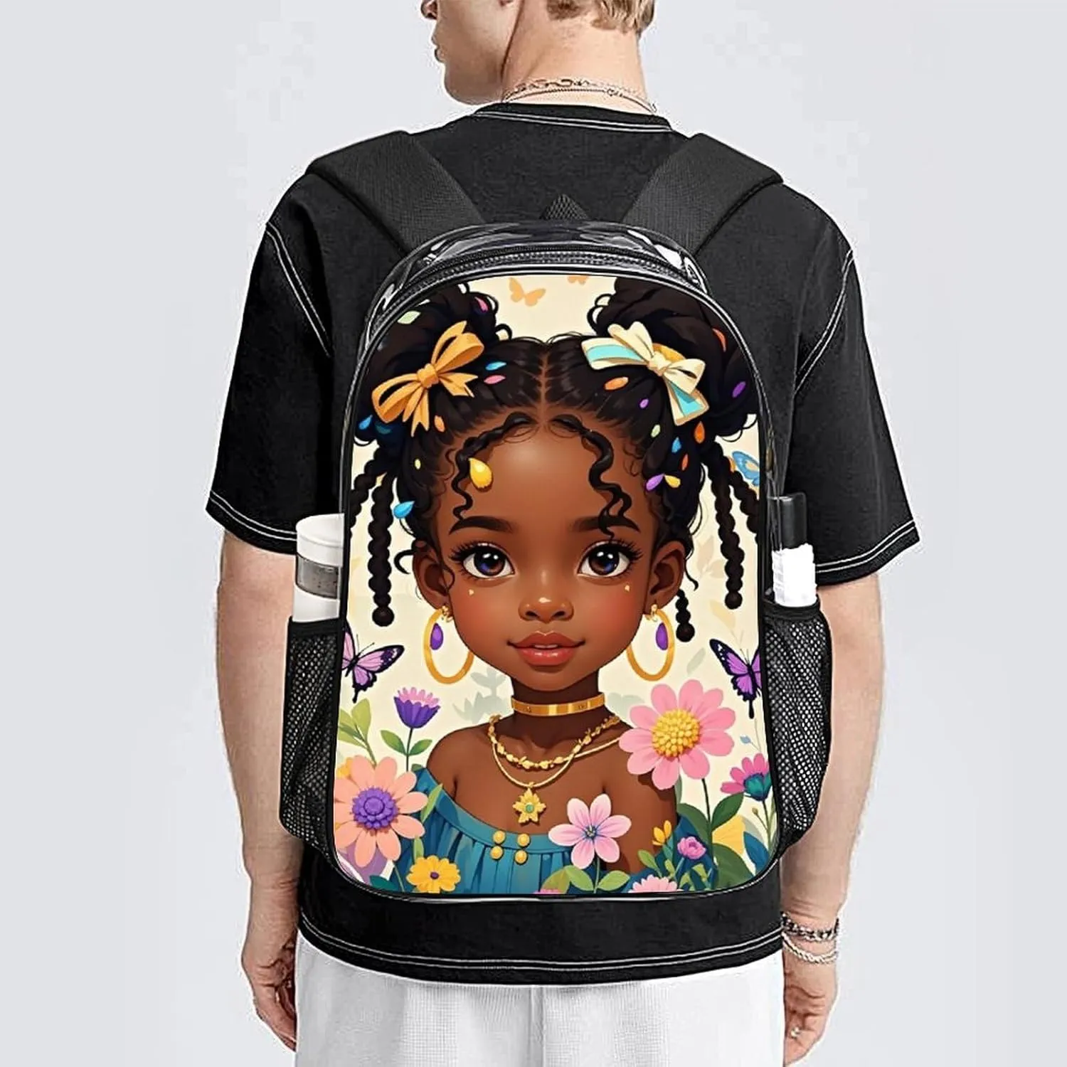 Transparent Daypack for Camping Travel Walking Cycling - Big Capacity Anti-Theft Multipurpose Bookbag, Cute Afro American Black Women With Butterflies Art Camping Outdoor Backpack