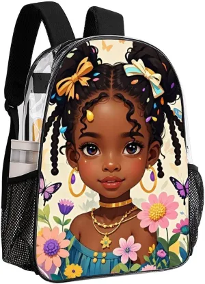 Transparent Daypack for Camping Travel Walking Cycling - Big Capacity Anti-Theft Multipurpose Bookbag, Cute Afro American Black Women With Butterflies Art Camping Outdoor Backpack