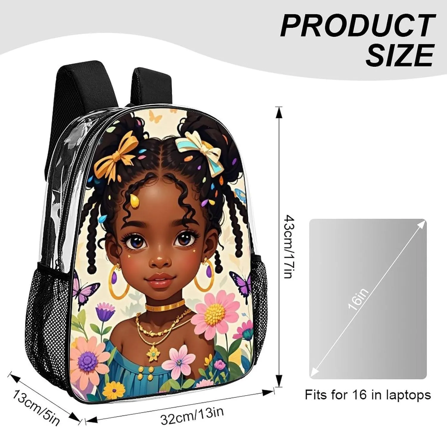 Transparent Daypack for Camping Travel Walking Cycling - Big Capacity Anti-Theft Multipurpose Bookbag, Cute Afro American Black Women With Butterflies Art Camping Outdoor Backpack
