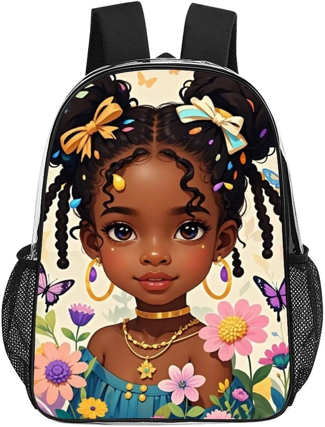 Transparent Daypack for Camping Travel Walking Cycling - Big Capacity Anti-Theft Multipurpose Bookbag, Cute Afro American Black Women With Butterflies Art Camping Outdoor Backpack