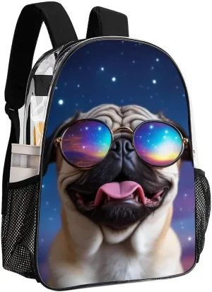 Transparent Daypack for Camping Travel Walking Cycling - Big Capacity Anti-Theft Multipurpose Bookbag, Cute Funny Galaxy Pug Camping Outdoor Backpack