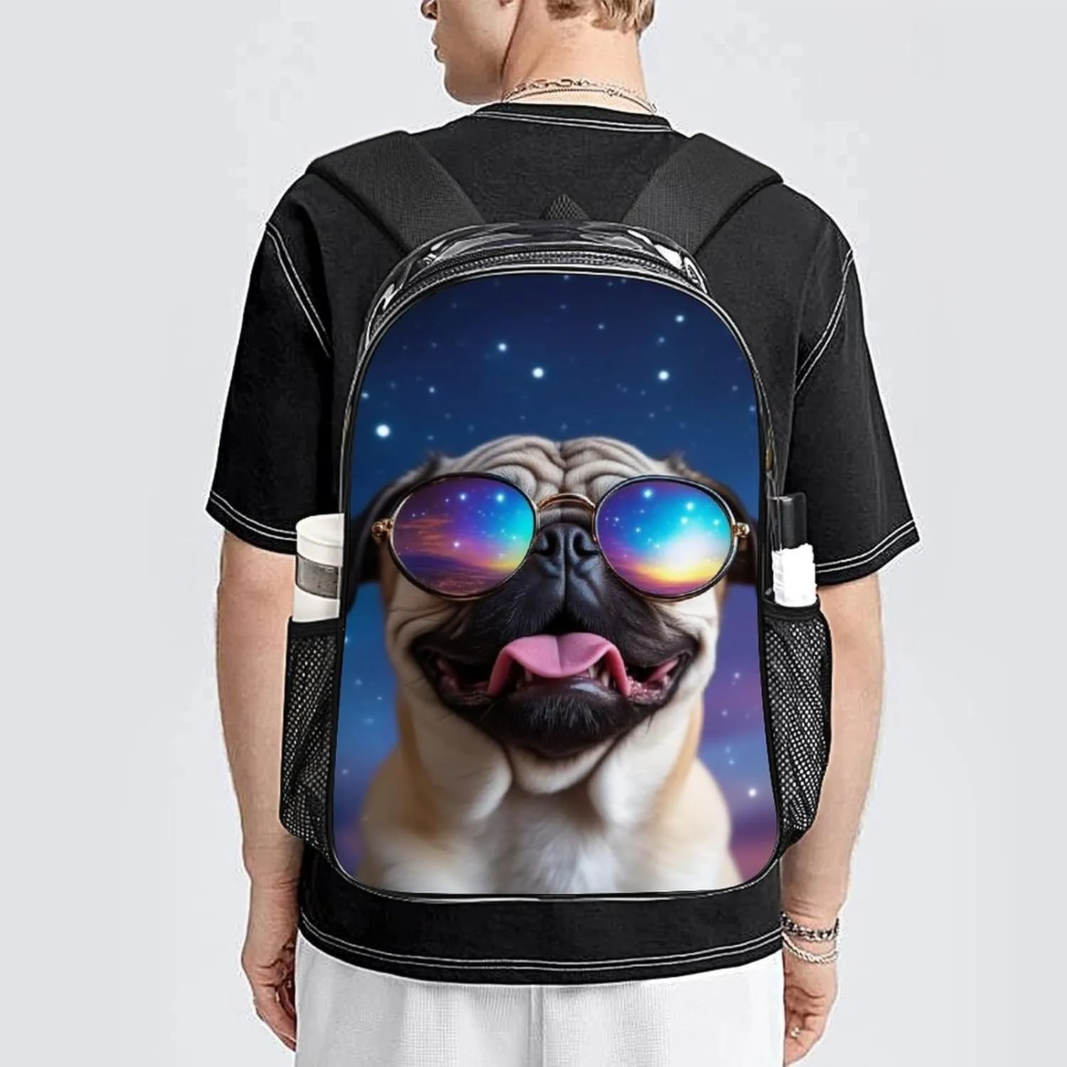Transparent Daypack for Camping Travel Walking Cycling - Big Capacity Anti-Theft Multipurpose Bookbag, Cute Funny Galaxy Pug Camping Outdoor Backpack