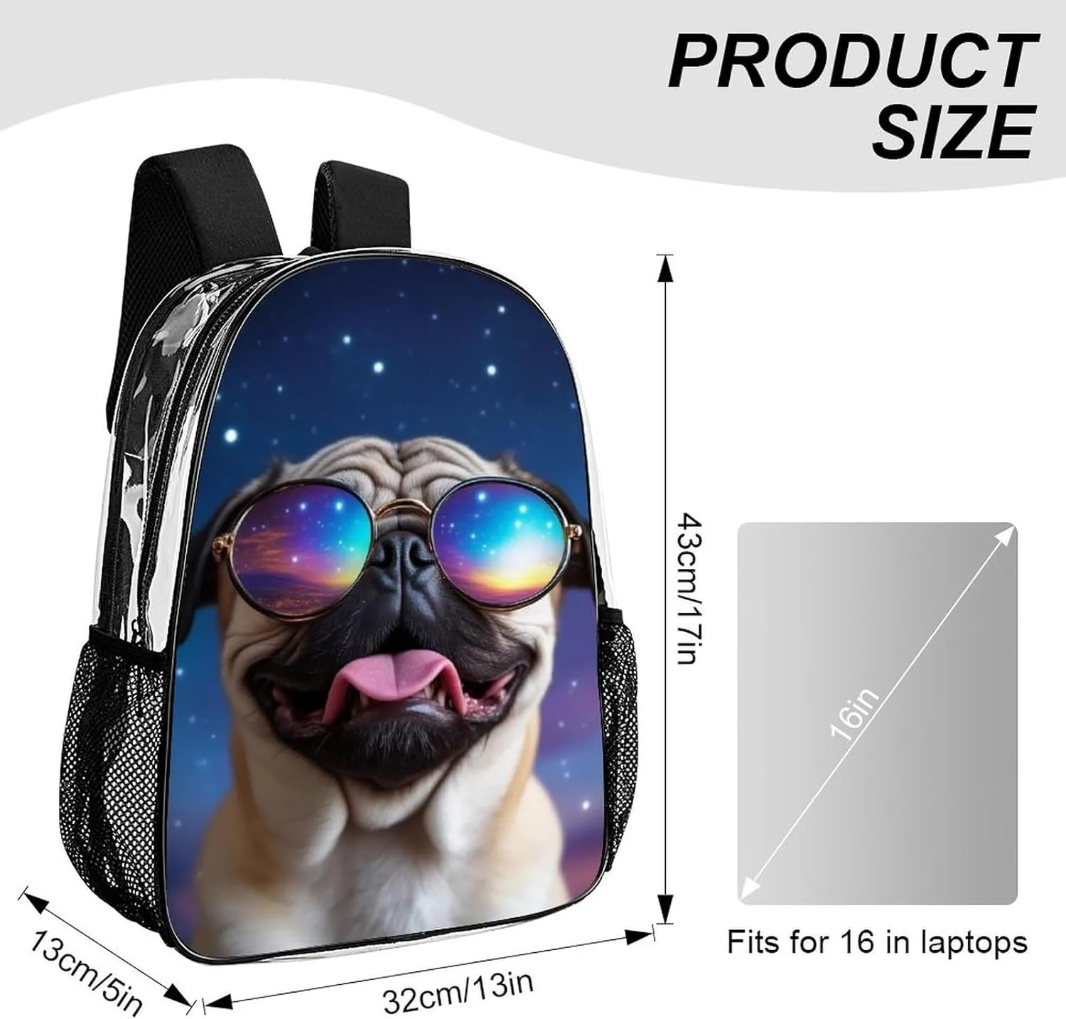 Transparent Daypack for Camping Travel Walking Cycling - Big Capacity Anti-Theft Multipurpose Bookbag, Cute Funny Galaxy Pug Camping Outdoor Backpack