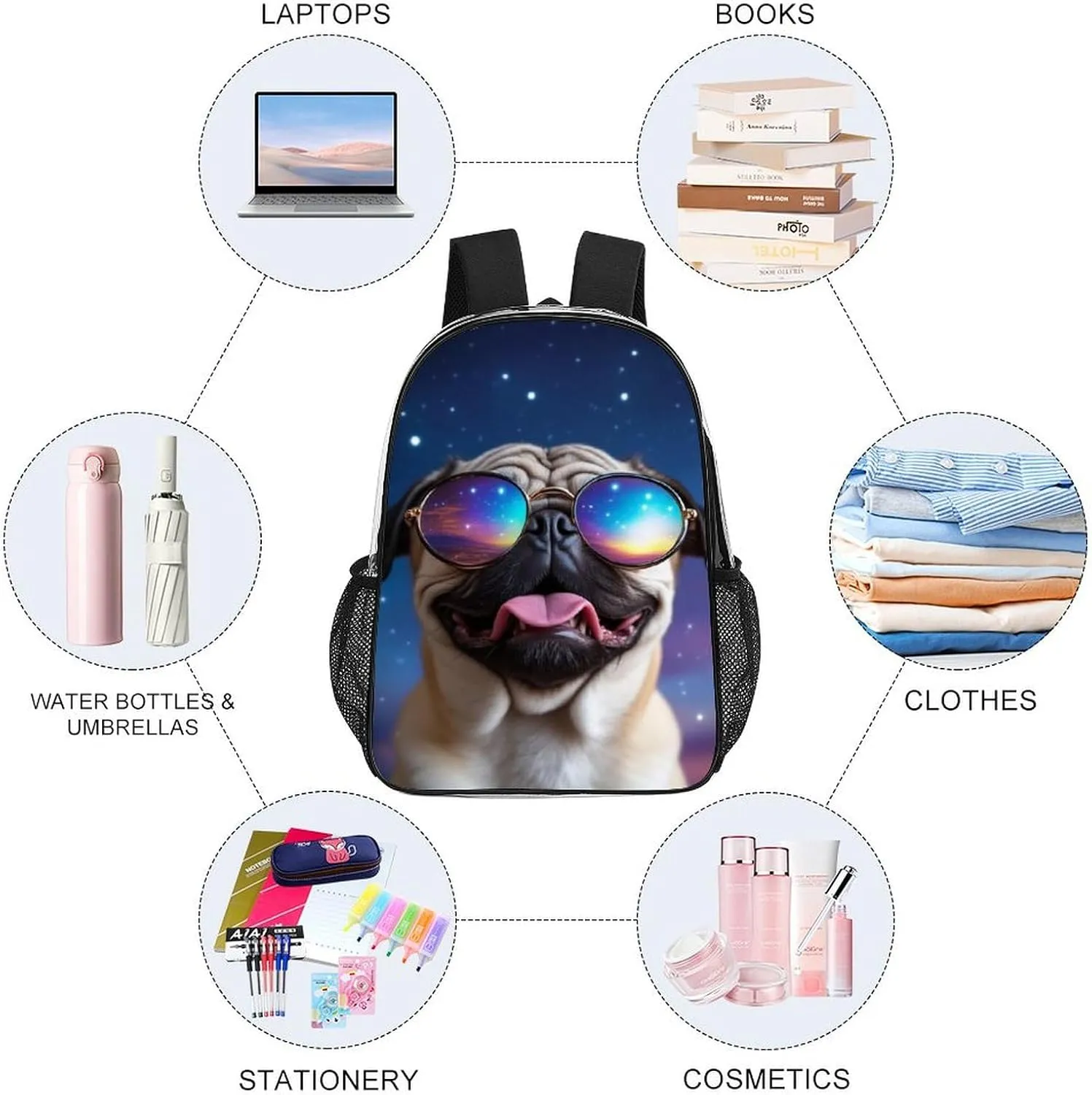 Transparent Daypack for Camping Travel Walking Cycling - Big Capacity Anti-Theft Multipurpose Bookbag, Cute Funny Galaxy Pug Camping Outdoor Backpack