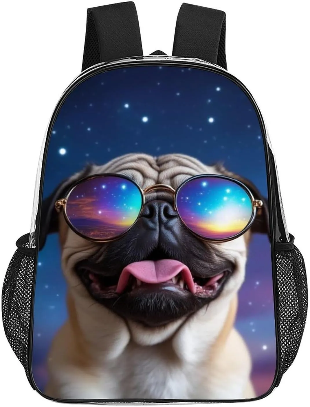 Transparent Daypack for Camping Travel Walking Cycling - Big Capacity Anti-Theft Multipurpose Bookbag, Cute Funny Galaxy Pug Camping Outdoor Backpack