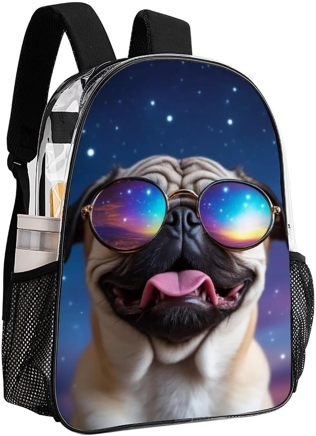 Transparent Daypack for Camping Travel Walking Cycling - Big Capacity Anti-Theft Multipurpose Bookbag, Cute Funny Galaxy Pug Camping Outdoor Backpack
