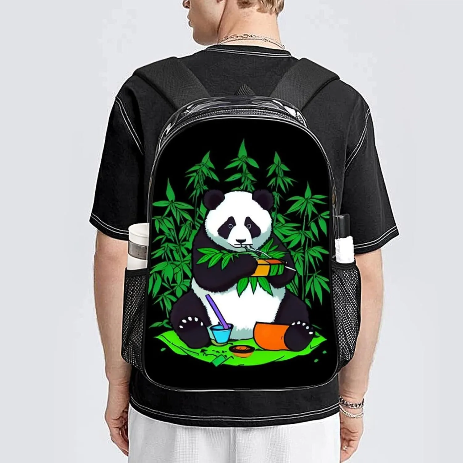 Transparent Daypack for Hiking Work Running - Big Capacity Anti-Theft Multipurpose Shoulder Bag, Hippie Panda Stoner Smoking Marijuanaweed Psychedelic Art Travel and Sport Backpack Rucksack