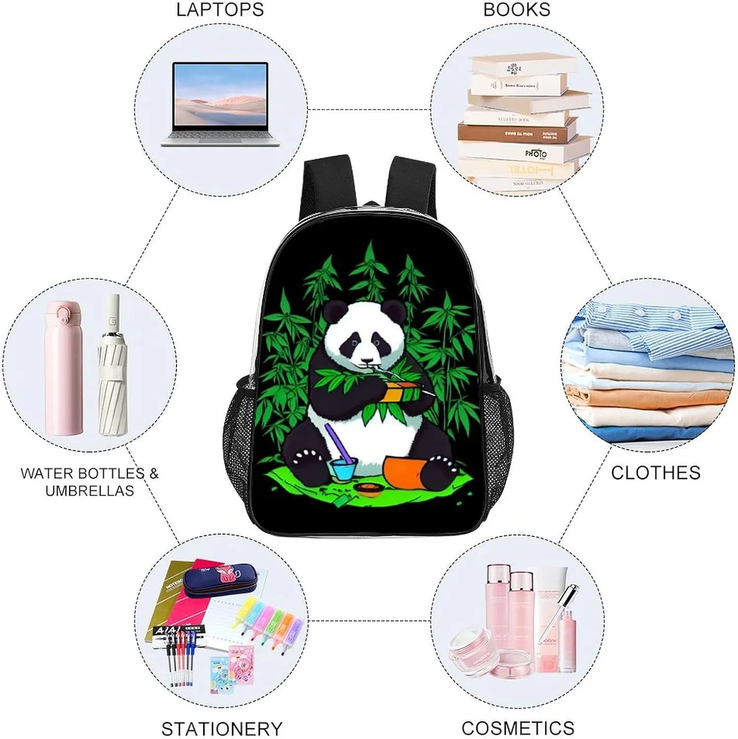 Transparent Daypack for Hiking Work Running - Big Capacity Anti-Theft Multipurpose Shoulder Bag, Hippie Panda Stoner Smoking Marijuanaweed Psychedelic Art Travel and Sport Backpack Rucksack
