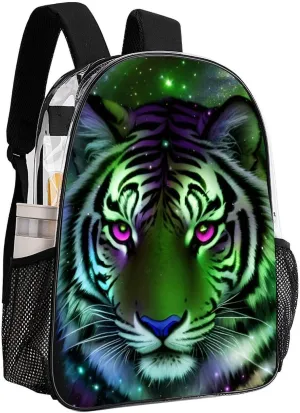 Transparent Daypack for Hiking Work Running - Big Capacity Anti-Theft Multipurpose Shoulder Bag, Mystic Fantasy Galaxy Sky Fantasy Wild Animals Tiger Art Travel and Sport Backpack Rucksack