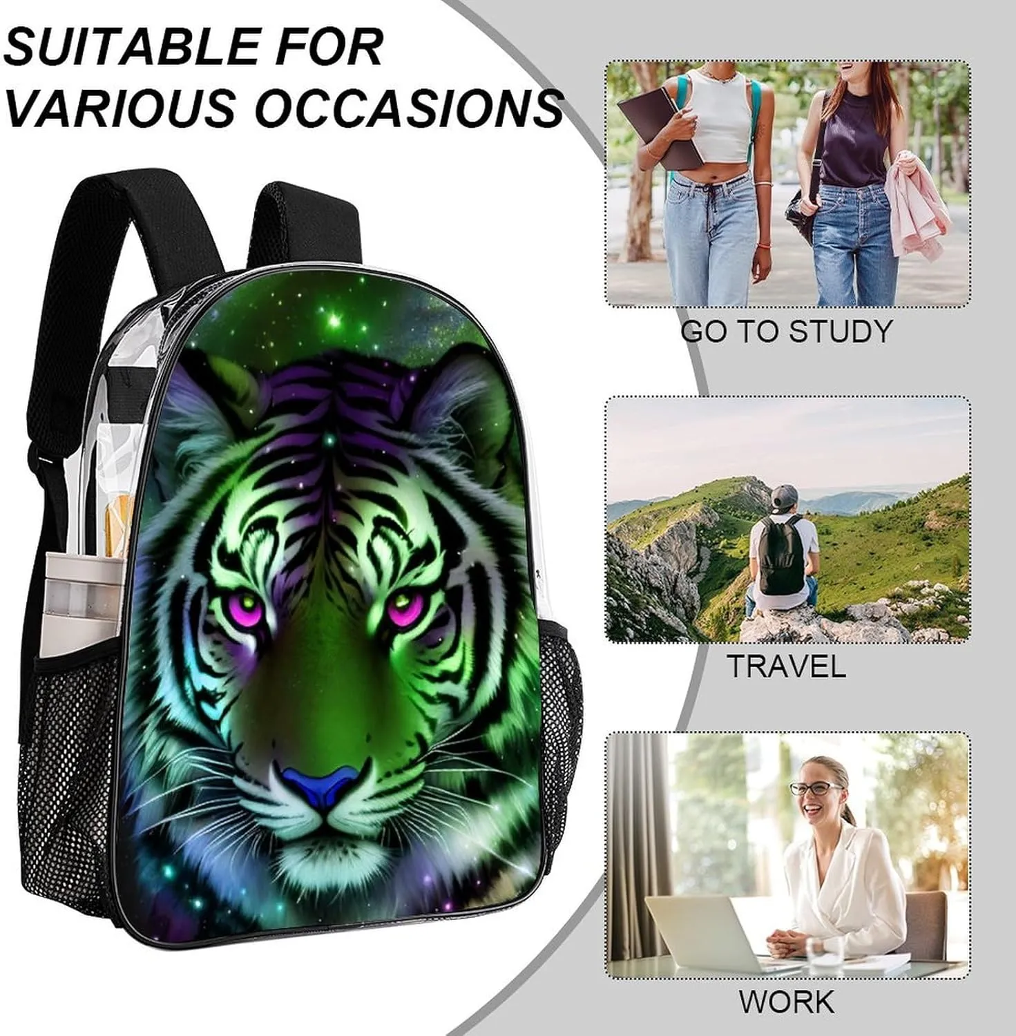 Transparent Daypack for Hiking Work Running - Big Capacity Anti-Theft Multipurpose Shoulder Bag, Mystic Fantasy Galaxy Sky Fantasy Wild Animals Tiger Art Travel and Sport Backpack Rucksack