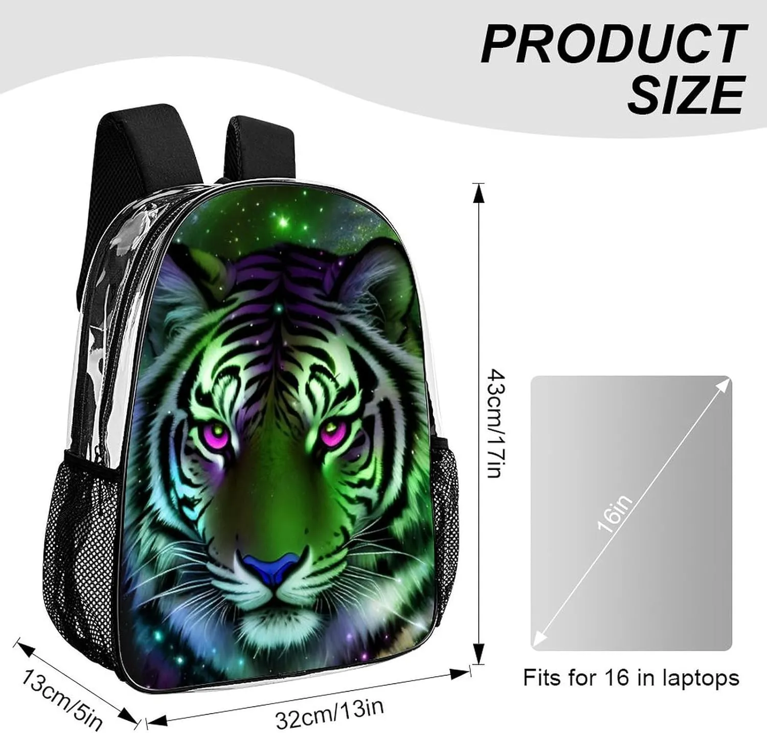 Transparent Daypack for Hiking Work Running - Big Capacity Anti-Theft Multipurpose Shoulder Bag, Mystic Fantasy Galaxy Sky Fantasy Wild Animals Tiger Art Travel and Sport Backpack Rucksack