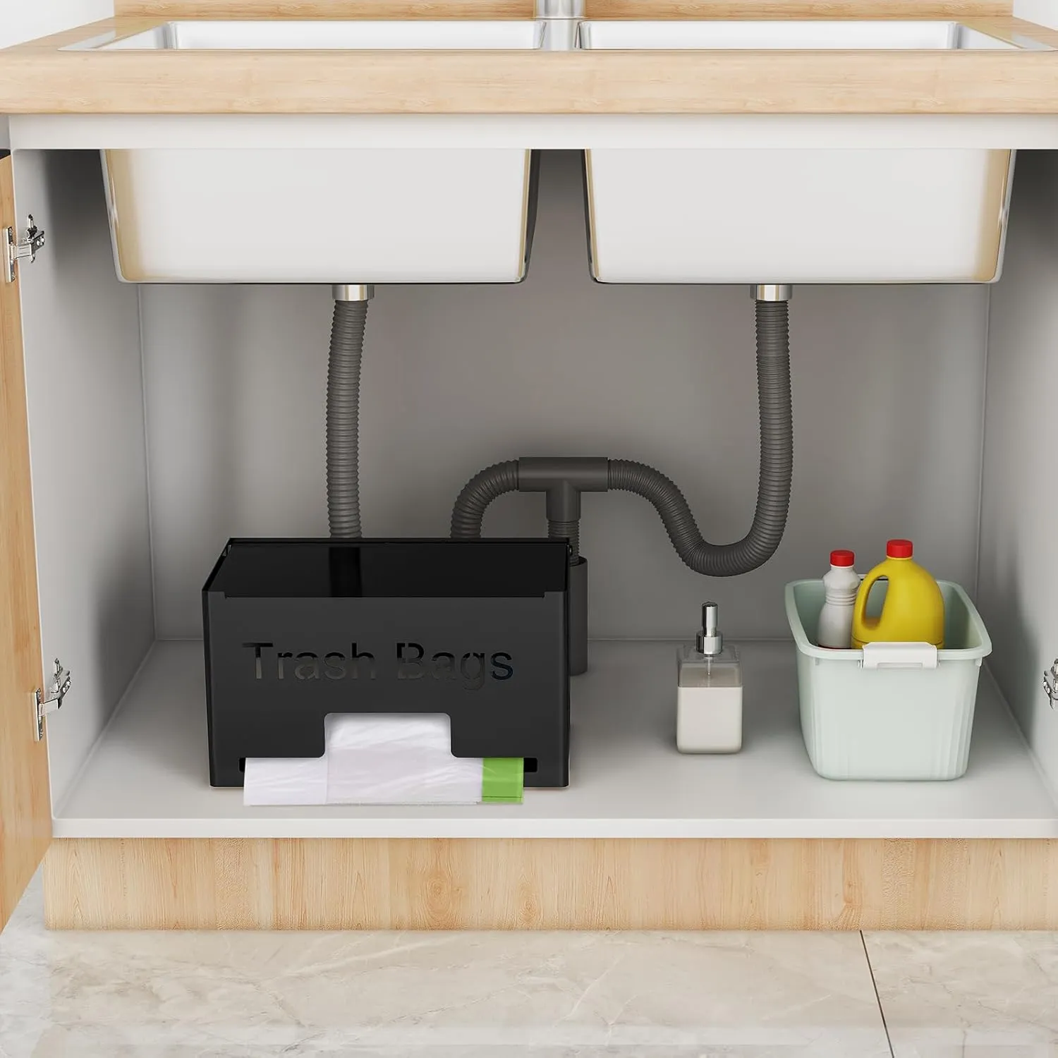 Trash Bag Holder, Metal Trash Bag Dispenser Roll Holder, Kitchen Trash Bag Organizer for Cabinet, Countertop, Wall Mounted or Freestanding, Black