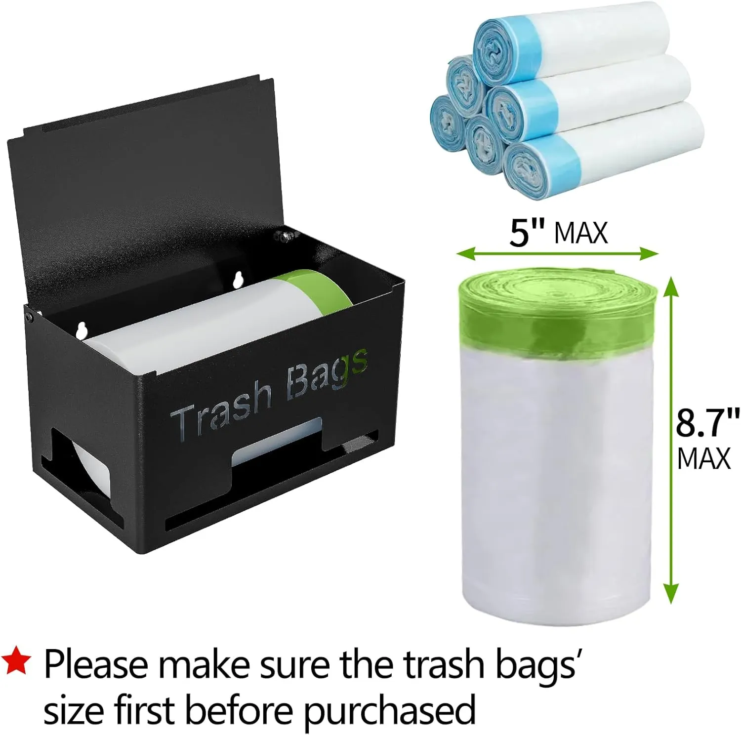 Trash Bag Holder, Metal Trash Bag Dispenser Roll Holder, Kitchen Trash Bag Organizer for Cabinet, Countertop, Wall Mounted or Freestanding, Black
