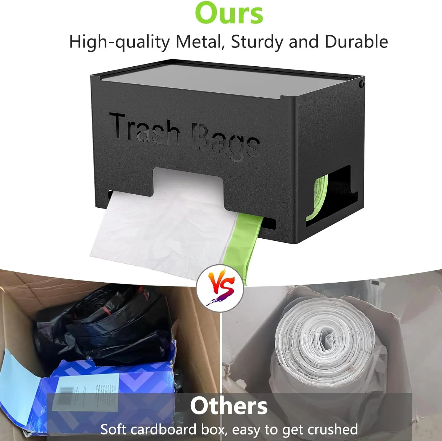 Trash Bag Holder, Metal Trash Bag Dispenser Roll Holder, Kitchen Trash Bag Organizer for Cabinet, Countertop, Wall Mounted or Freestanding, Black