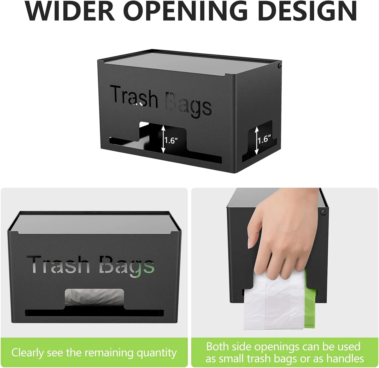 Trash Bag Holder, Metal Trash Bag Dispenser Roll Holder, Kitchen Trash Bag Organizer for Cabinet, Countertop, Wall Mounted or Freestanding, Black