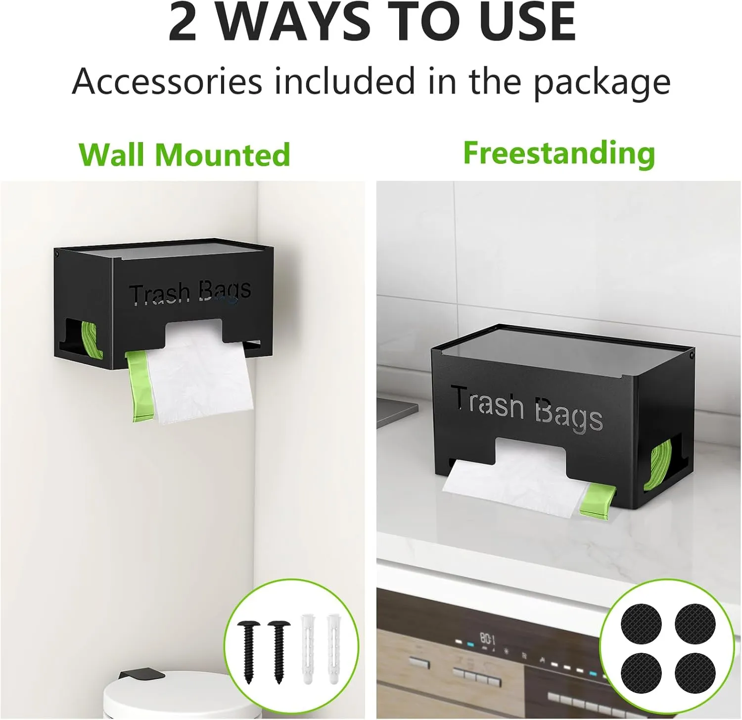 Trash Bag Holder, Metal Trash Bag Dispenser Roll Holder, Kitchen Trash Bag Organizer for Cabinet, Countertop, Wall Mounted or Freestanding, Black