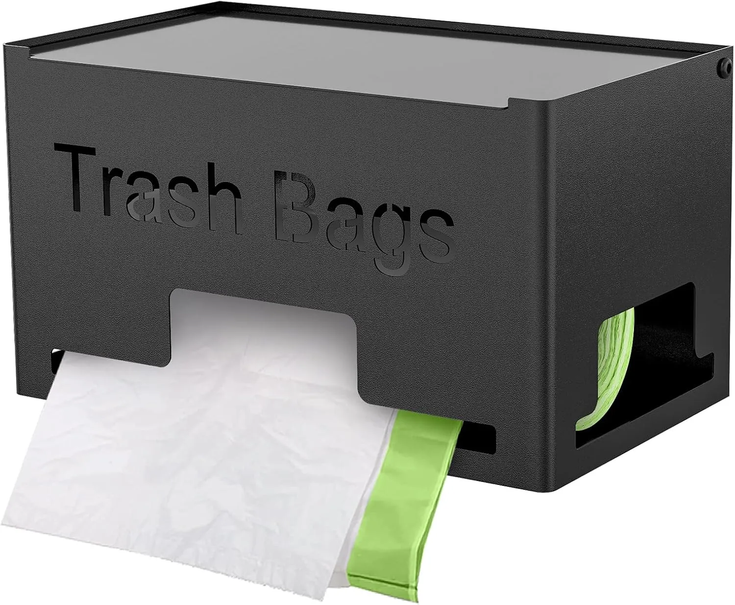 Trash Bag Holder, Metal Trash Bag Dispenser Roll Holder, Kitchen Trash Bag Organizer for Cabinet, Countertop, Wall Mounted or Freestanding, Black