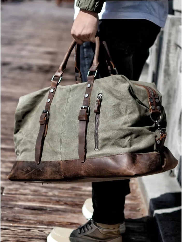 Travel Bags Men Military Canvas Leather Large Tote Duffle Bag Carry on Luggage Weekend Handbag