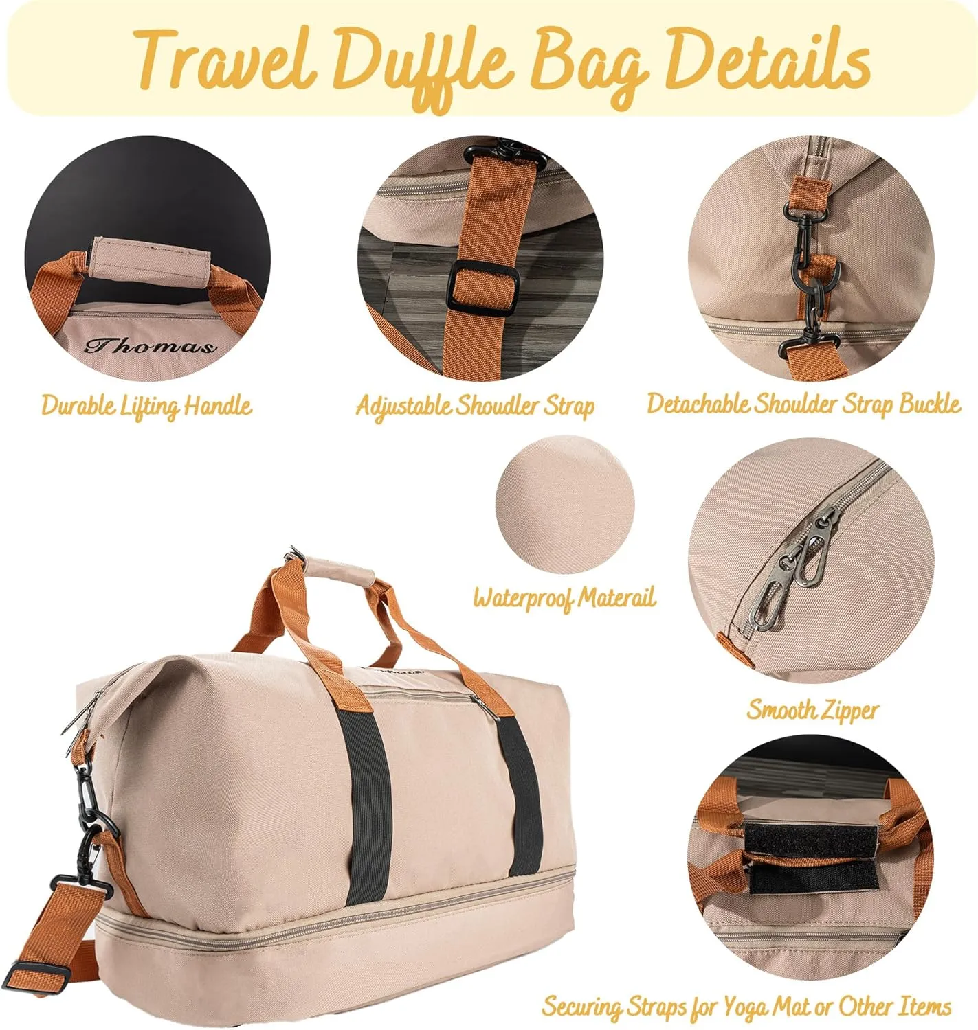 Travel Duffle Bag for Men | Personalized 32L Weekender Overnight Duffle with Trolley Sleeve | Large Carry On Sports Gym Bag with Shoe Compartment | Custom Groomsman Gift for Him (Khaki)