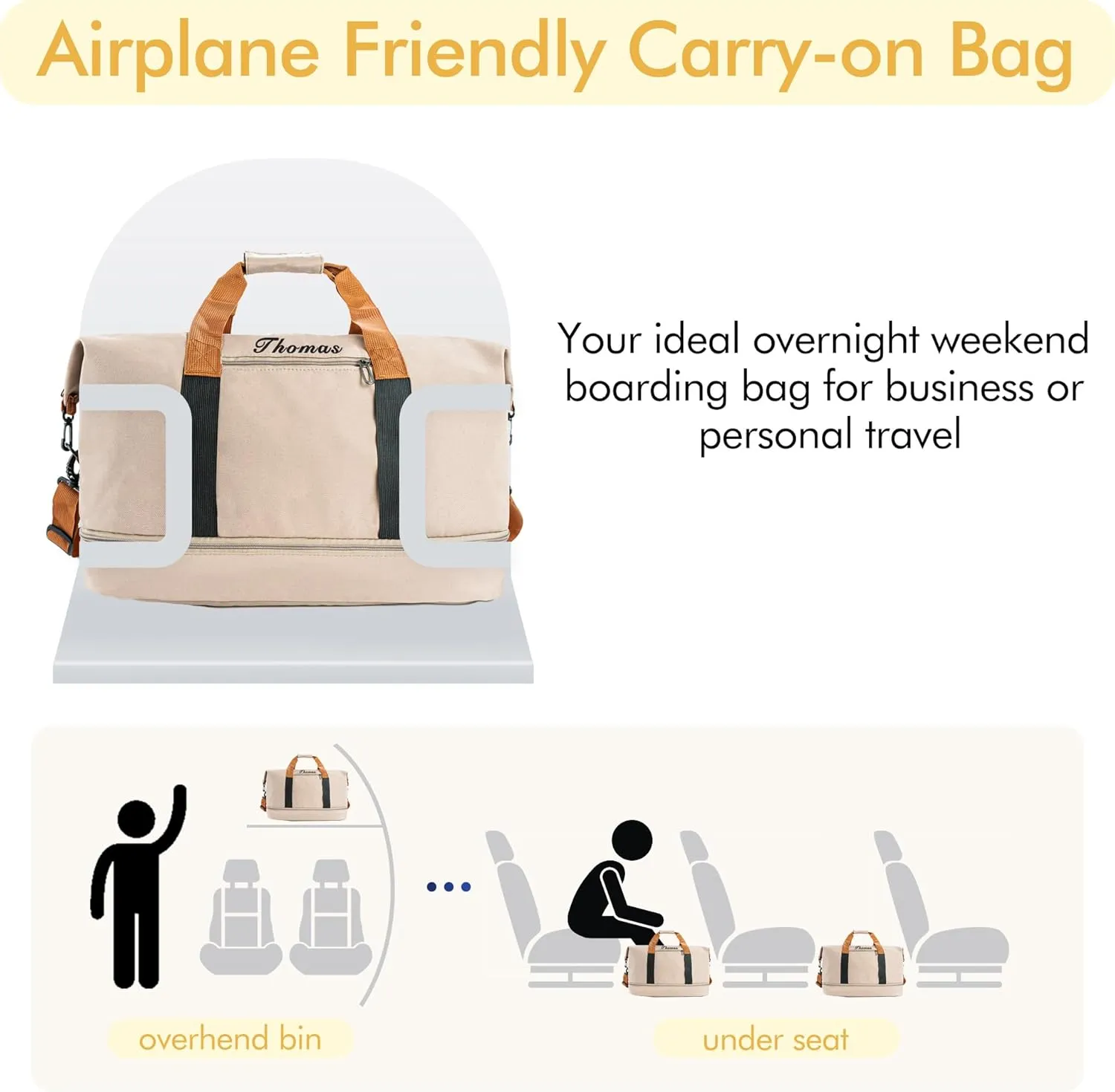 Travel Duffle Bag for Men | Personalized 32L Weekender Overnight Duffle with Trolley Sleeve | Large Carry On Sports Gym Bag with Shoe Compartment | Custom Groomsman Gift for Him (Khaki)