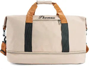 Travel Duffle Bag for Men | Personalized 32L Weekender Overnight Duffle with Trolley Sleeve | Large Carry On Sports Gym Bag with Shoe Compartment | Custom Groomsman Gift for Him (Khaki)