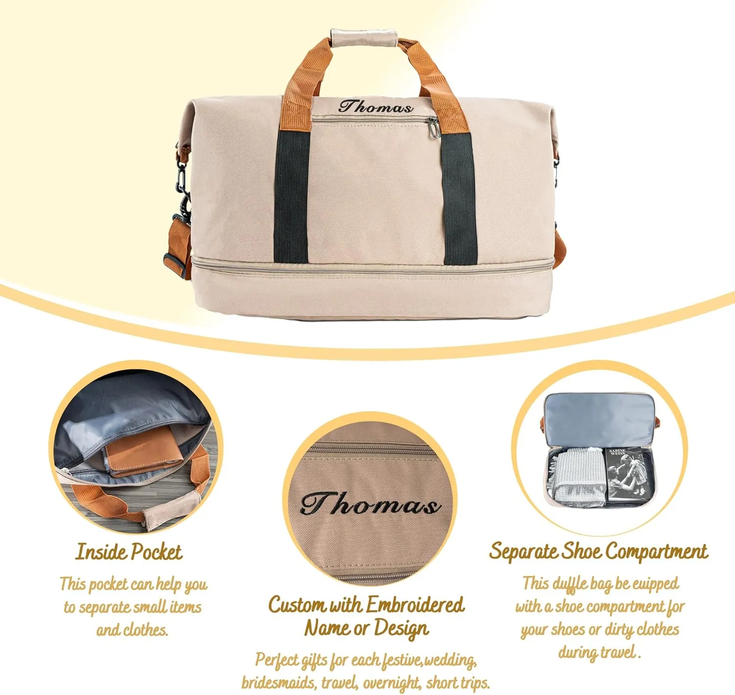 Travel Duffle Bag for Men | Personalized 32L Weekender Overnight Duffle with Trolley Sleeve | Large Carry On Sports Gym Bag with Shoe Compartment | Custom Groomsman Gift for Him (Khaki)