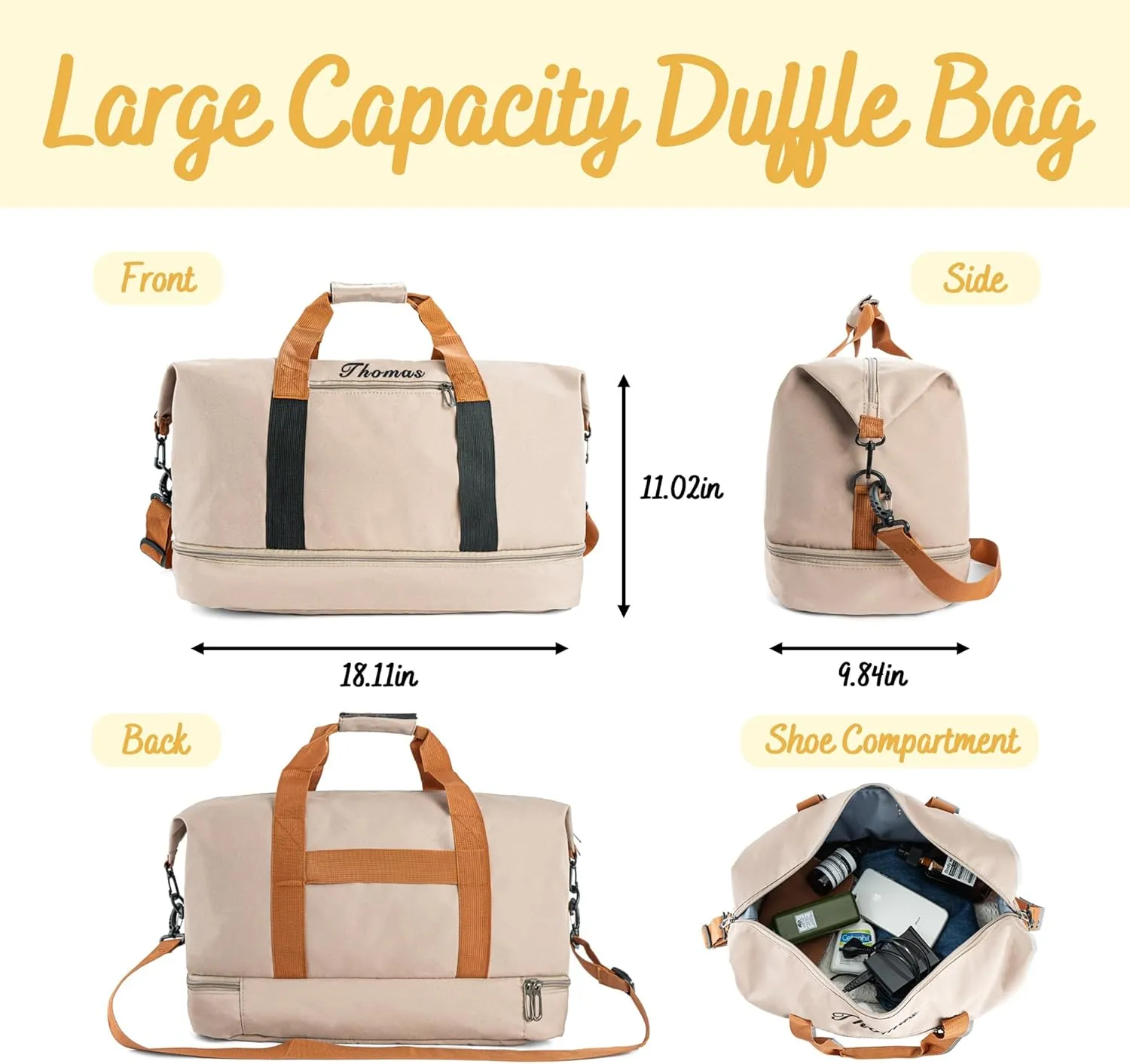Travel Duffle Bag for Men | Personalized 32L Weekender Overnight Duffle with Trolley Sleeve | Large Carry On Sports Gym Bag with Shoe Compartment | Custom Groomsman Gift for Him (Khaki)