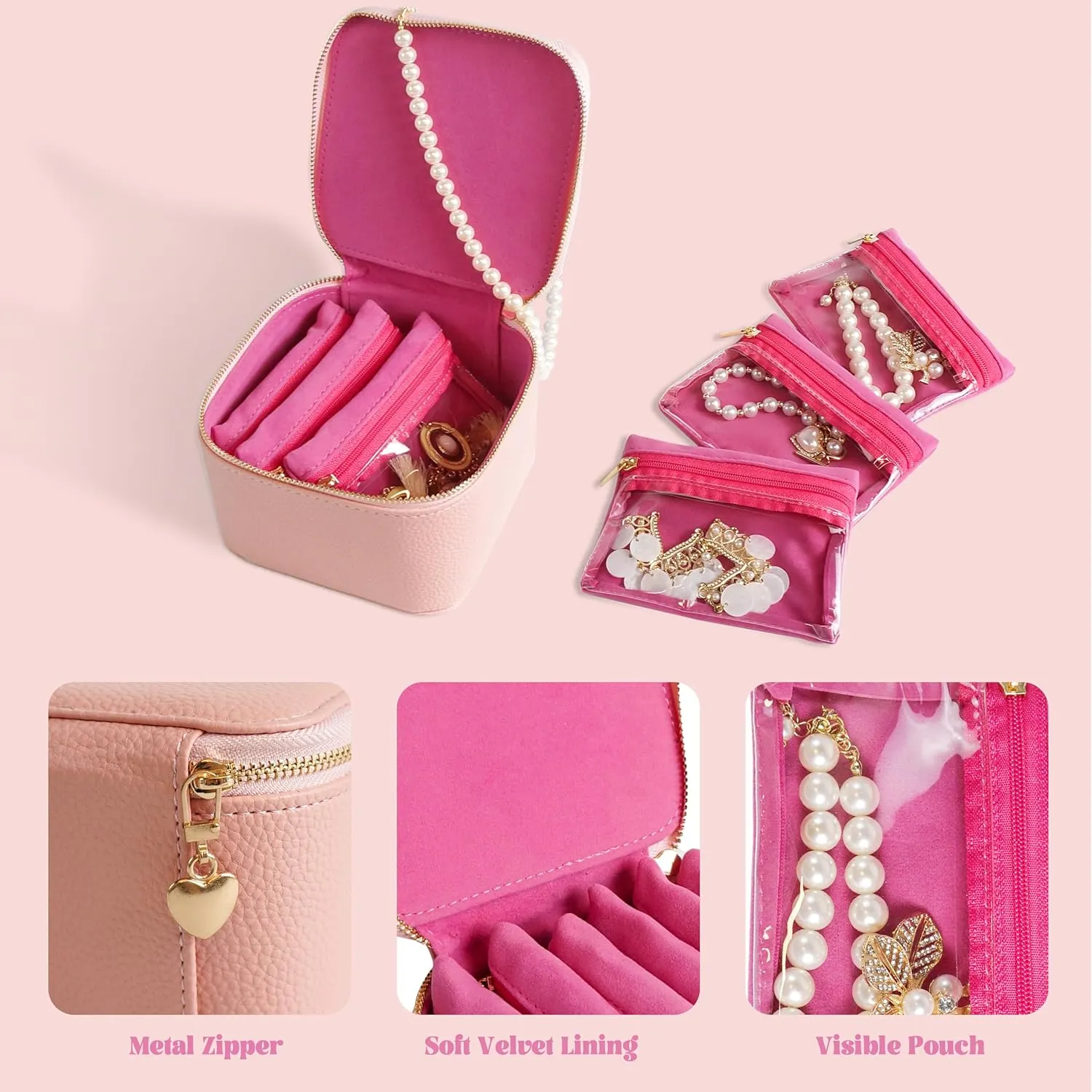Travel Jewelry Case, Small Travel Jewelry Box with 6 Velvet Jewelry Bag Mini Pouch, Portable Travel Jewelry Organizer for Rings Earrings Necklaces, Beauty Gifts for Women Girls (Pink)