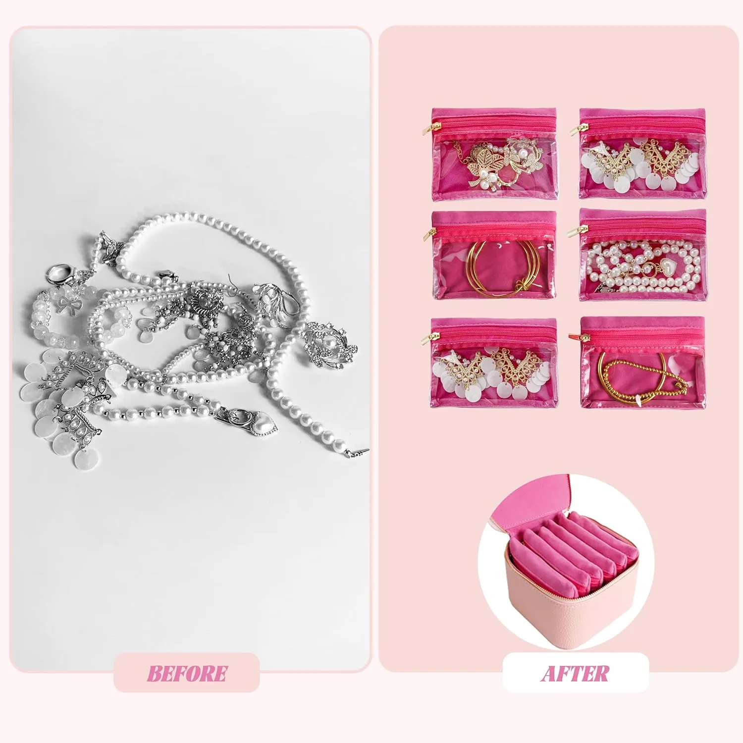 Travel Jewelry Case, Small Travel Jewelry Box with 6 Velvet Jewelry Bag Mini Pouch, Portable Travel Jewelry Organizer for Rings Earrings Necklaces, Beauty Gifts for Women Girls (Pink)