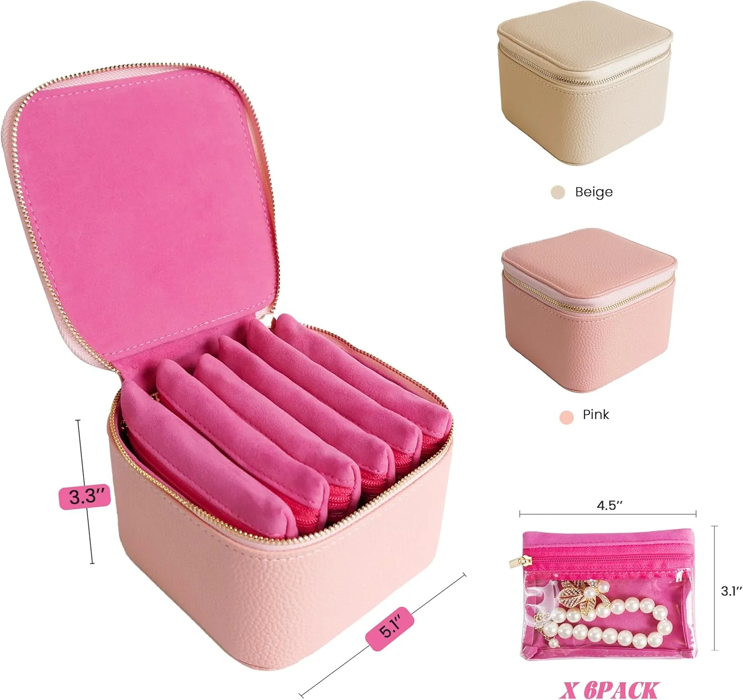 Travel Jewelry Case, Small Travel Jewelry Box with 6 Velvet Jewelry Bag Mini Pouch, Portable Travel Jewelry Organizer for Rings Earrings Necklaces, Beauty Gifts for Women Girls (Pink)