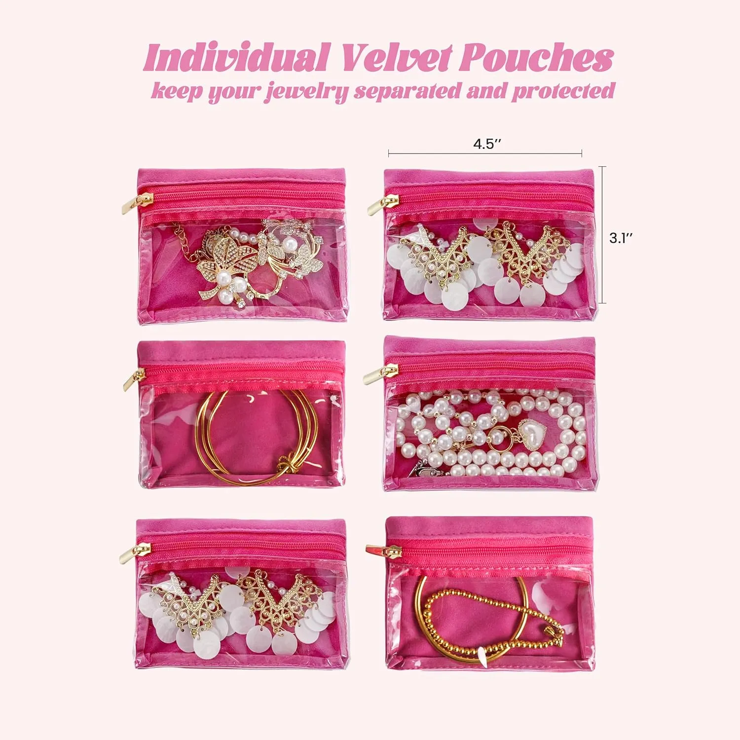 Travel Jewelry Case, Small Travel Jewelry Box with 6 Velvet Jewelry Bag Mini Pouch, Portable Travel Jewelry Organizer for Rings Earrings Necklaces, Beauty Gifts for Women Girls (Pink)