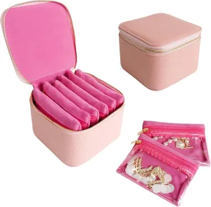 Travel Jewelry Case, Small Travel Jewelry Box with 6 Velvet Jewelry Bag Mini Pouch, Portable Travel Jewelry Organizer for Rings Earrings Necklaces, Beauty Gifts for Women Girls (Pink)